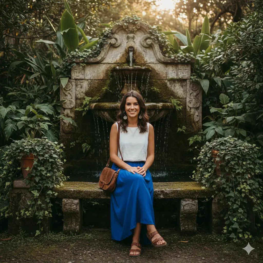 Create a serene outdoor portrait of a young woman sitting gracefully in front of an old stone fountain surrounded by lush green plants and potted vines. She wears a sleeveless white top paired with a flowing royal blue skirt and simple sandals, accessorized with hoop earrings and a small brown shoulder bag. Her hair falls in soft waves, and she smiles warmly toward the camera, exuding natural elegance and calm. The background features cascading water, moss-covered stone textures, and soft golden-hour lighting that adds warmth and a gentle glow to the entire scene. The composition feels intimate and rustic, blending natural beauty with timeless charm.
