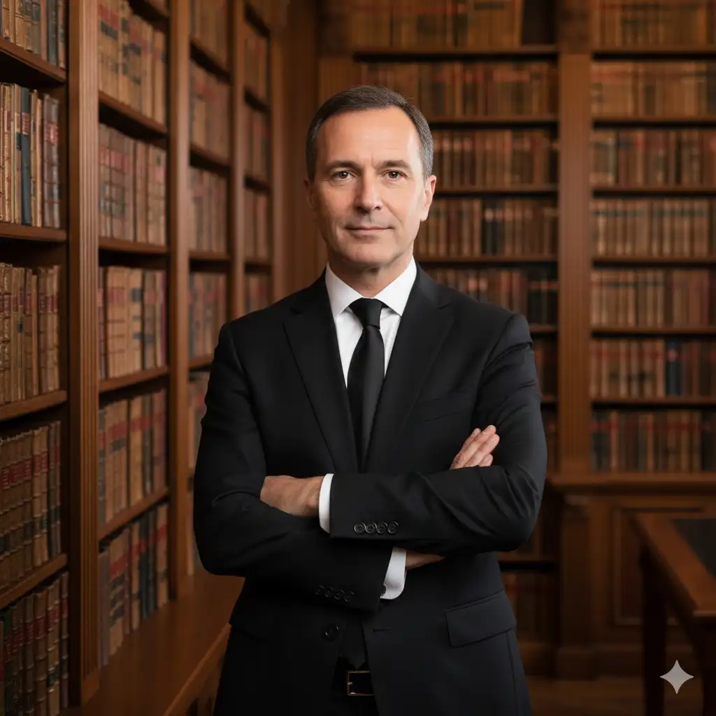 Create a professional, cinematic portrait of a man standing confidently in a warmly lit library filled with tall shelves of old leather-bound books. The subject is dressed in a sharp black suit with a white shirt and black tie, arms crossed and expression composed, exuding authority, intelligence, and sophistication. The lighting is soft and golden, emanating from warm ambient sources that highlight the textures of the wood and the glossy spines of the books. The composition focuses closely on the subject from the waist up, with a shallow depth of field that keeps the background softly blurred while maintaining a sense of depth and refinement.