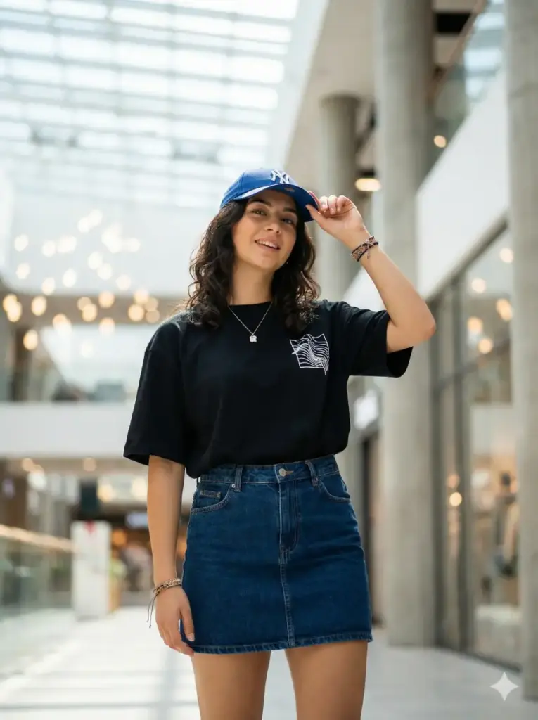 Create photo of a young woman stands in a bright, modern indoor space with soft, diffused lighting and tall, blurred architectural elements in the background. She wears a relaxed black graphic t-shirt. The shirt hangs loosely and naturally around her frame. She pairs it with a high-waisted denim mini skirt in a deep blue wash, giving a casual, youthful vibe. She also wears a blue baseball cap with a white embroidered logo, slightly tilting the brim forward as she touches it with one hand in a playful, confident gesture. Her medium-length, wavy dark hair flows from beneath the cap. A small pendant necklace and a subtle bracelet add simple accessories. The background features soft bokeh lights and tall, vertical shapes, giving a lively mall-like ambience. The overall mood is cheerful, relaxed, and stylish, with a clean, vibrant color palette and a friendly street-casual aesthetic.