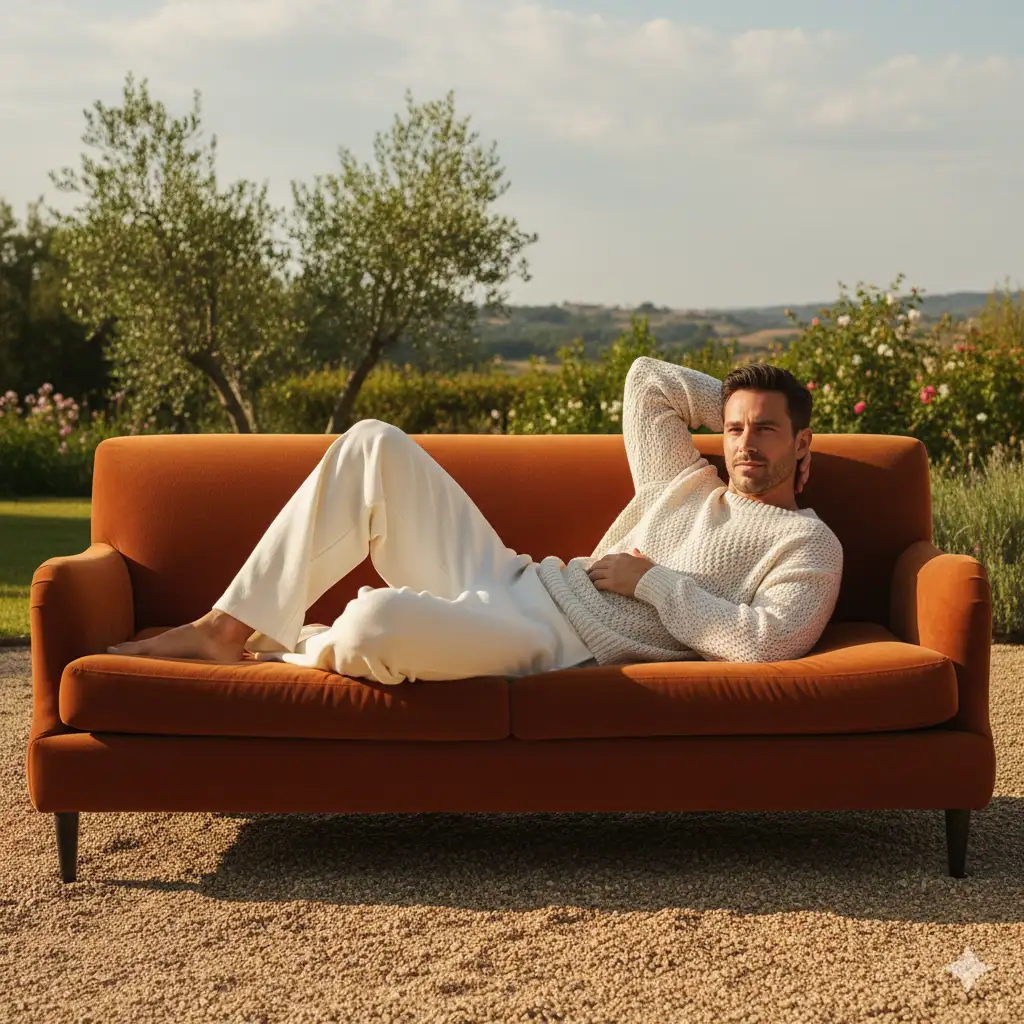Create a cinematic portrait of a man relaxing outdoors on a rust-orange velvet sofa placed on a sunlit gravel patio. The man lies comfortably along the length of the sofa, one arm resting behind his head and the other casually placed on his torso, conveying effortless calm and quiet confidence. He wears a soft, textured white outfit — a knit sweater and matching pants — with realistic fabric folds and a cozy, refined feel. Only half of the sofa can be seen.
