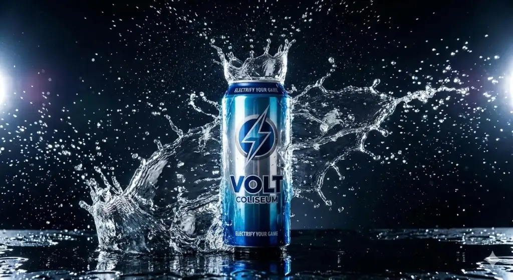 Create an energy drink can shot with water splashing around it, captured in high-speed photography with dramatic lighting to give it a powerful and dynamic look for a creative product image.