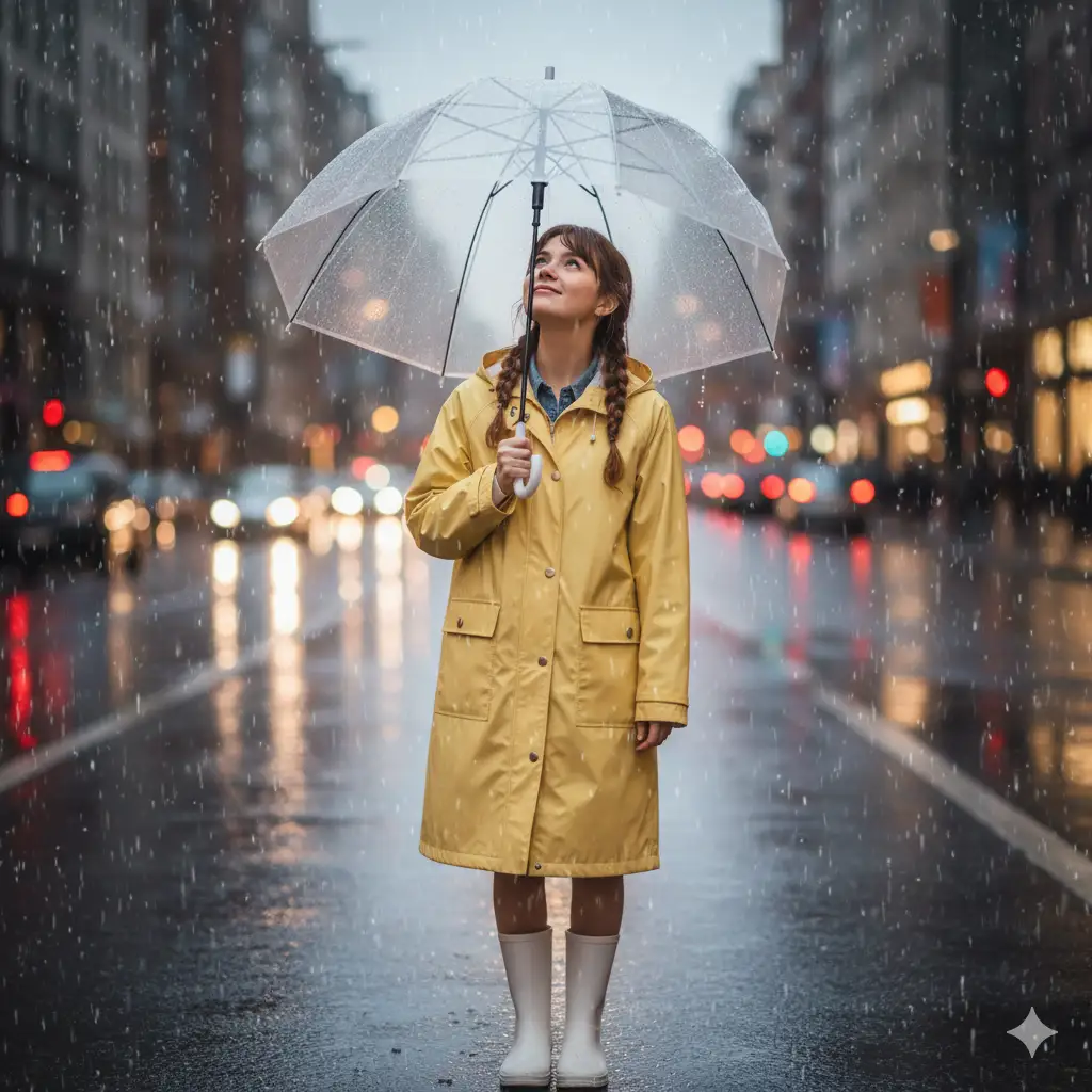 Create a cute girl photo of a girl standing under a transparent umbrella on a rainy street, wearing a light yellow raincoat, white boots, and her hair in two loose braids. She's smiling softly while looking up at the sky as raindrops fall. The photo has reflections of city lights on wet pavement, a cozy cinematic tone, and a focus on her gentle expression.