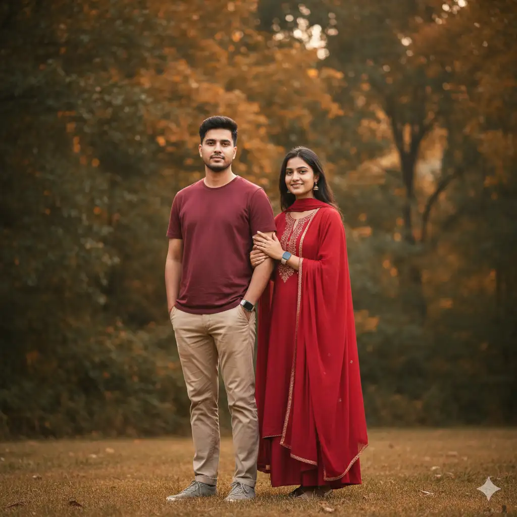 A warm outdoor portrait of a young couple standing together against a lush backdrop of green and orange foliage, suggesting early autumn or a serene park setting. The man stands slightly in front, dressed in a maroon t-shirt and beige pants, one hand casually in his pocket, wearing a smartwatch and looking confidently at the camera. The woman stands beside him, gently resting her hand on his arm, smiling softly. She wears a flowing red kurta with subtle embroidery and a matching dupatta, her dark hair left naturally loose. The soft, natural lighting enhances the earthy tones and gives the image a calm, heartfelt atmosphere — capturing youthful affection and simplicity amidst nature's colors.