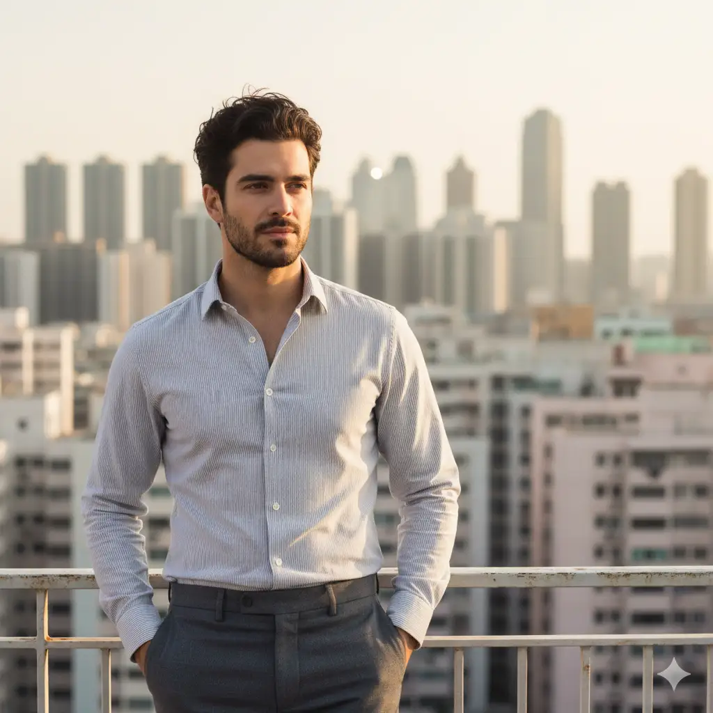 Create photo of a young man stands on a rooftop balcony overlooking a cluster of densely packed apartment buildings in an East-Asian–style cityscape. He has slightly wavy, wind-tousled dark hair and a neatly groomed beard, giving him a composed yet effortless look. He wears a light grey, subtly striped button-up shirt tucked into dark trousers, one hand casually in his pocket and the other resting on a weathered metal railing. The warm golden-hour sunlight casts soft highlights on his face and clothes, creating a gentle contrast against the muted pastel tones of the surrounding buildings. The overall mood is calm, cinematic, and introspective, with a soft depth of field and natural color grading inspired by modern street photography.