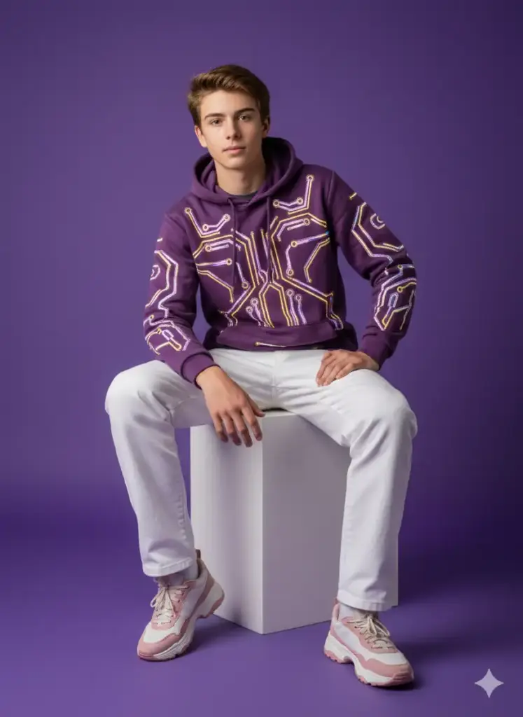 Create photo of a teen boy seated confidently on a white cube against a seamless purple studio background. He wears a futuristic, cyberpunk-inspired purple sweatshirt featuring glowing neon circuit patterns in gold and violet hues. His outfit is completed with loose white trousers and pink-and-white sneakers, creating a stylish contrast with the bold upper garment. The man's expression is calm and composed, with a slight tilt of the head and relaxed posture, one hand resting on his knee. The lighting is soft and balanced, highlighting the rich textures and vibrant tones of the clothing while maintaining a modern, editorial studio aesthetic.
