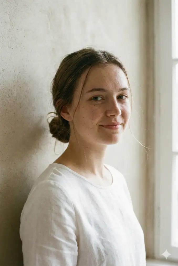 Create a realistic portrait of a young woman in her early twenties, aspect ratio 2:3. She stands near a plain wall with neutral tones. Her hair is tied back in a casual low bun and she wears a simple white top. Capture her with soft diffused lighting that shows natural skin texture. Her expression is gentle and relaxed. The background should stay minimal to keep attention on her facial features.
