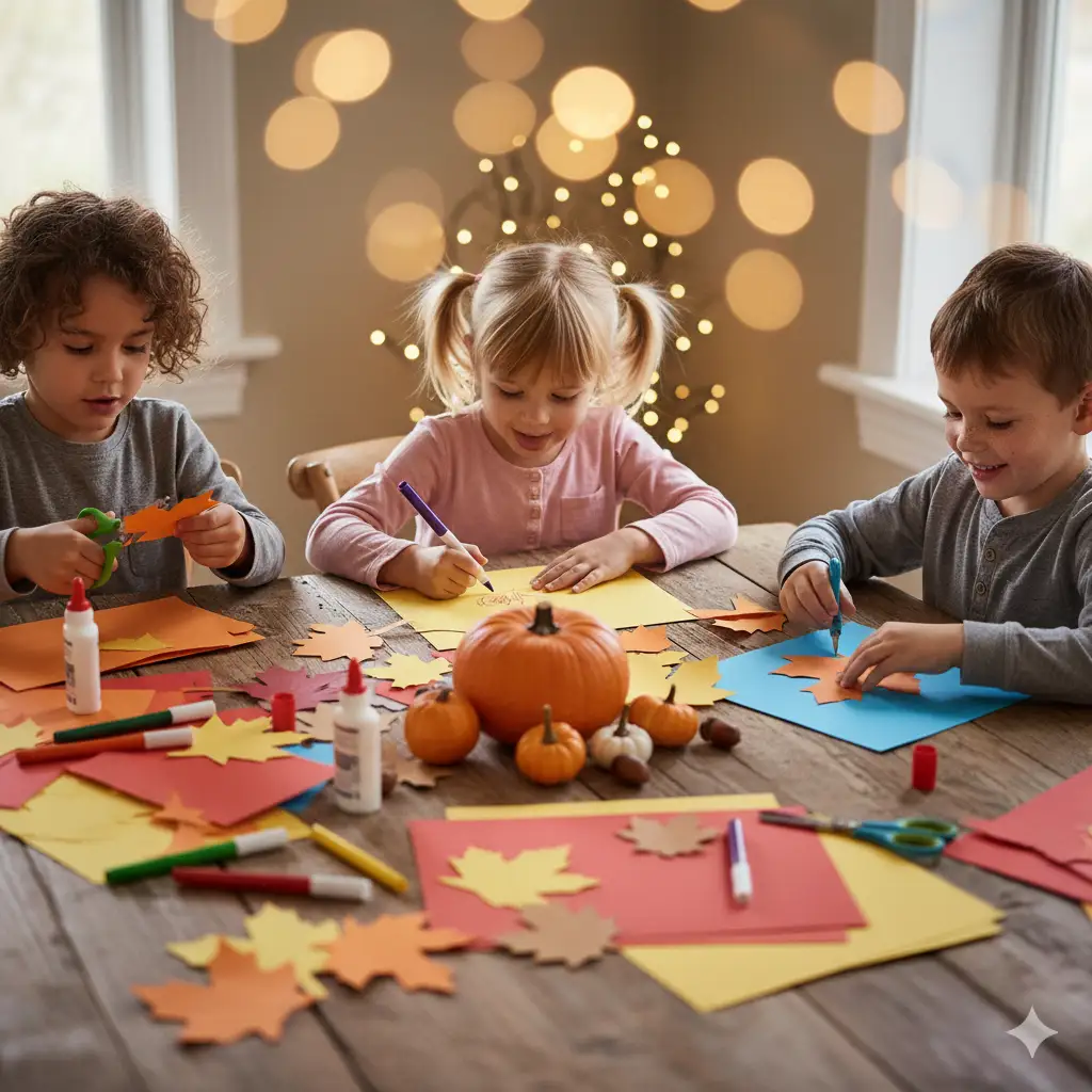 Create candid photograph of children sitting at a wooden table making Thanksgiving crafts; construction paper leaves, markers, safety scissors, and glue scattered across the table; warm indoor lighting; the kids' expressions focused and joyful; a pumpkin centerpiece nearby; subtle motion blur on hands cutting paper; soft bokeh from fairy lights in the background.