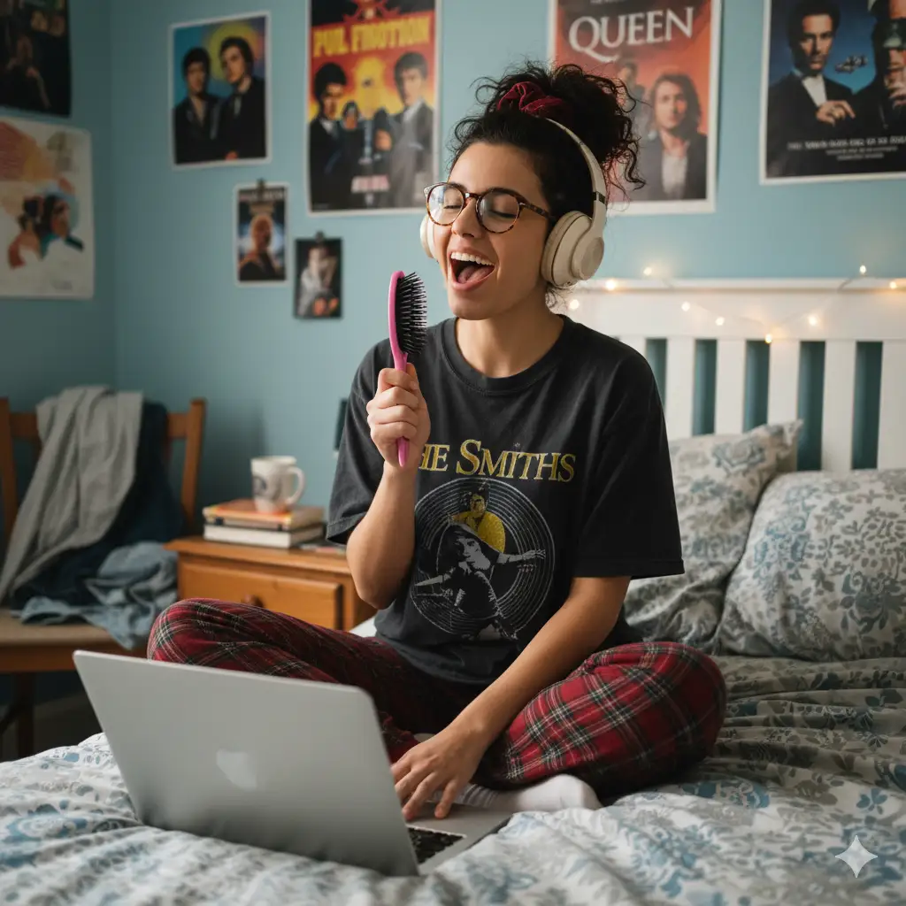 Create a photo of a cute woman with glasses and dark hair tied up in a messy bun with a scrunchie. She is wearing a comfortable, oversized band t-shirt and plaid pajama pants. Her pose is relaxed and relatable; she is sitting on her bed, cross-legged, with a laptop in front of her and large, stylish headphones over her ears. She is singing along to the music with passion, eyes closed, and holding a hairbrush as a makeshift microphone. The background is a typical teenager's bedroom, slightly messy but full of personality, with posters on the wall, fairy lights strung around the headboard, and a stack of books on the nightstand. The composition is a medium shot, capturing her from the waist up, focusing on her expressive, joyful moment of musical escape.
