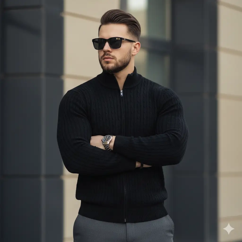 Create photo of a stylish young man stands with his arms confidently crossed, wearing a fitted black cable-knit zip-up sweater that emphasizes a structured, athletic silhouette. He has neatly styled hair with a clean side part, a well-groomed beard, and wears dark rectangular sunglasses that add a bold, enigmatic edge. A metallic watch peeks from beneath his sleeve, catching subtle highlights from the warm golden-hour light. He pairs the sweater with tailored charcoal trousers, maintaining a polished yet understated look. The background features smooth, modern architectural walls in dark and neutral tones, complementing the monochrome outfit. Lighting is soft and cinematic, casting warm highlights on his face and sweater texture while keeping the backdrop gently diffused. The overall mood is confident, refined, and effortlessly modern