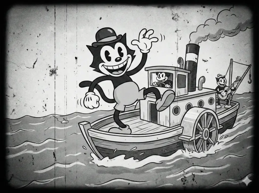 Create a vintage 1930s rubber hose animation style illustration of a cheerful cat wearing a bowler hat and white gloves dancing on a steamboat. The character should have noodle-like limbs without joints, pie-cut eyes, and a simple body shape. The image should be black and white with a heavy film grain, flickering scratches, and a vignetted border, set in a 4:3 aspect ratio.