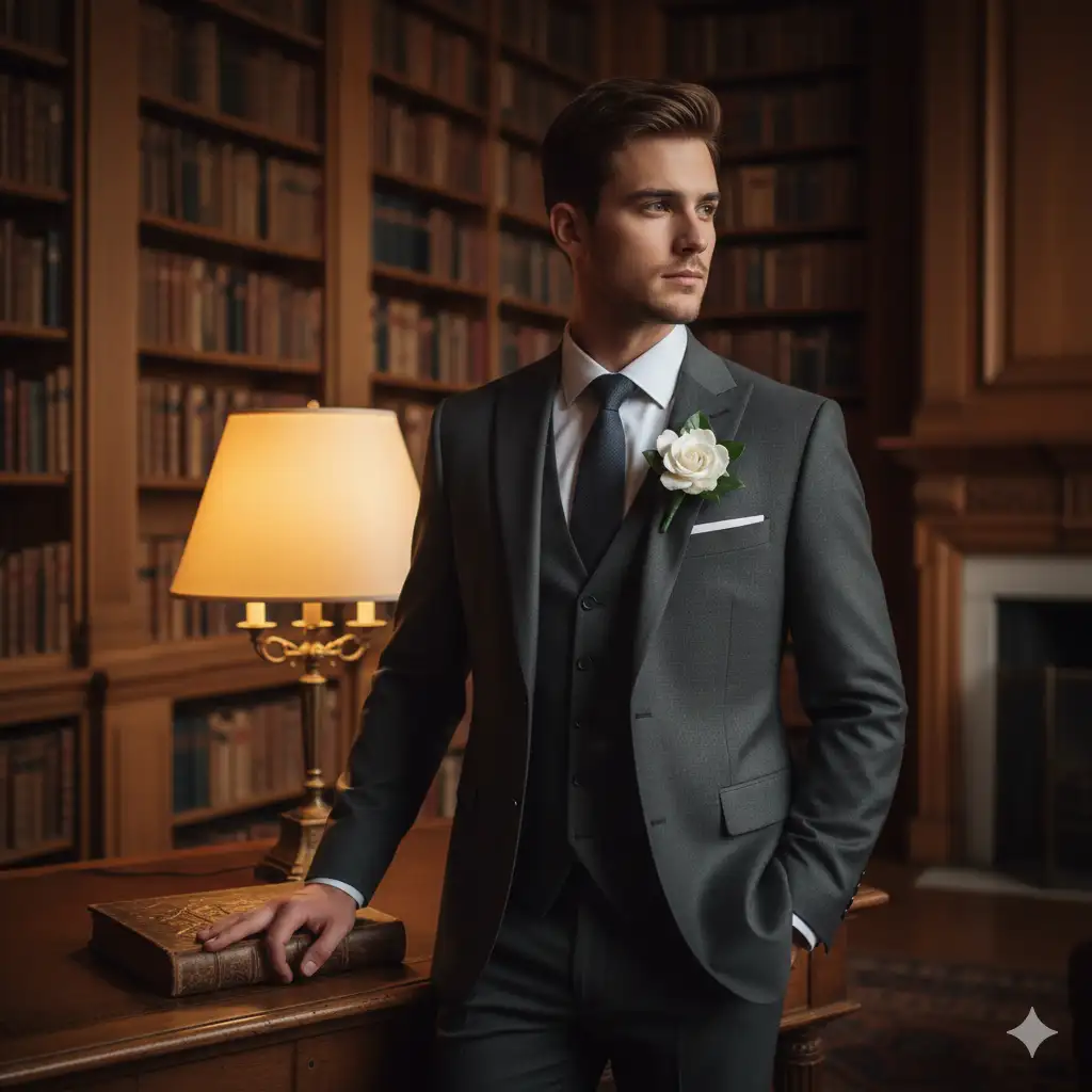 Create a photo of a handsome young man dressed in a sharp, well-tailored charcoal grey suit for a formal event. A single, perfect white gardenia is pinned to his lapel as a boutonnière. He is standing in a grand, wood-paneled library with floor-to-ceiling bookshelves. His pose is confident and relaxed, one hand in his trouser pocket, the other resting on a leather-bound book. He is looking slightly away from the camera with a thoughtful expression. The lighting is warm and low, coming from a nearby table lamp, highlighting the texture of his suit and the delicate petals of the flower.