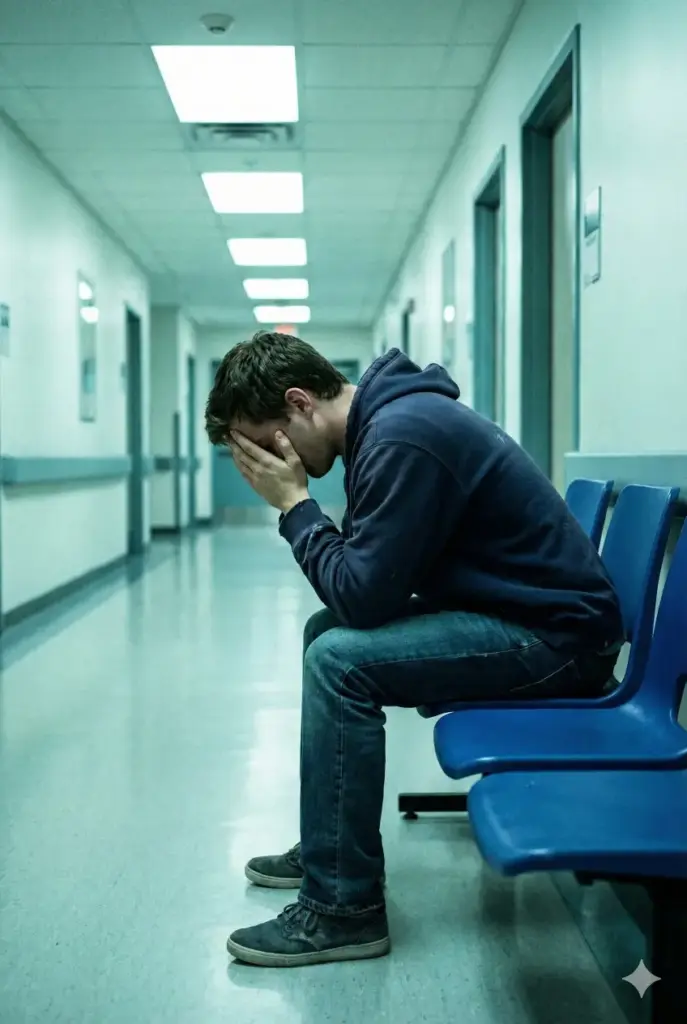 Create a striking, emotional photo with an aspect ratio of 2:3. The subject is a young man slumped in a plastic waiting room chair in a sterile hospital hallway. His posture is defeated; he is leaning forward with his elbows on his knees and his face buried in his hands. He is wearing a casual hoodie and jeans that look out of place in the clinical environment. The lighting is harsh, overhead fluorescent white, which casts stark, unflattering shadows and creates a cold, greenish-blue clinical tint to the image. The composition should emphasize the emptiness of the hallway stretching out behind him, symbolizing isolation in a time of crisis.