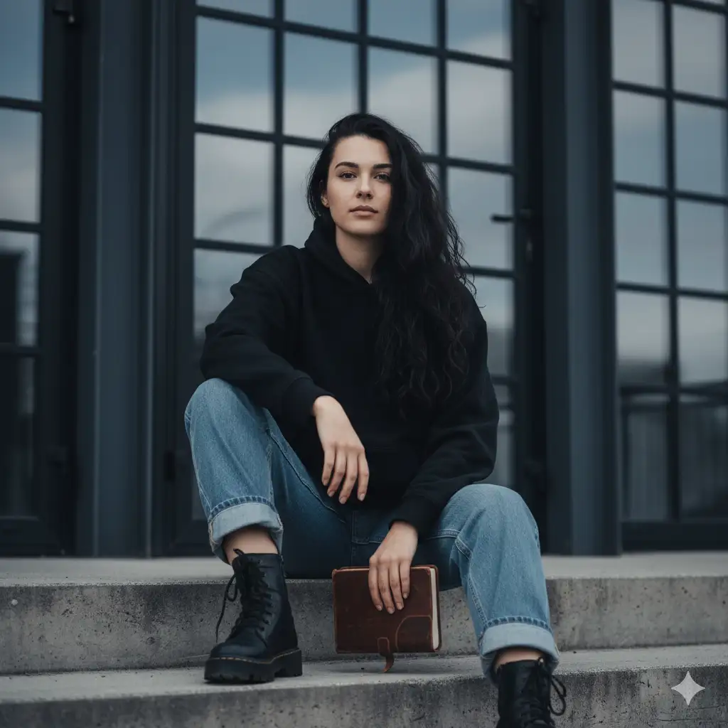 Create a moody, cinematic portrait of a young woman sitting on concrete steps in front of a modern industrial building with dark-framed glass panels. She wears a loose black hoodie and baggy denim jeans, exuding a cool, understated confidence. Her long dark hair falls naturally over one shoulder, and her expression is calm yet introspective, looking directly at the camera. The lighting is soft and diffused, giving the scene a muted, slightly desaturated tone that enhances the emotional depth and quiet strength of the composition. The background is minimal, emphasizing her as the focal point and complementing the gritty, urban atmosphere.