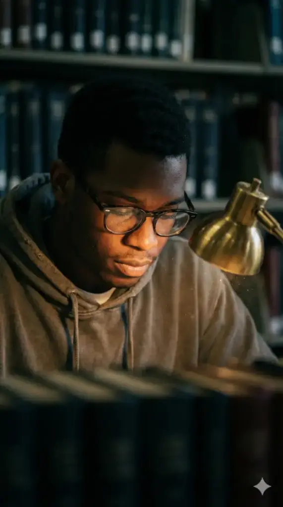 Create a close-up, photorealistic portrait of an African American male student studying in a university library stack. He is looking down at a book (out of frame). The lighting is dim, provided only by a small brass desk lamp, which illuminates his face warmly while the rest of the room falls into shadow. He wears thick-rimmed glasses and a hoodie. The camera focus is extremely shallow, locked on his eyelashes and the bridge of his nose. You can see the texture of the paper dust in the air. The background consists of blurry rows of books. Aspect ratio: 9:16.