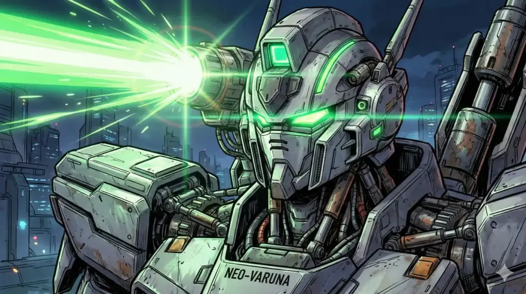 Create a detailed Mecha anime style illustration of a giant robot's head and shoulders. Focus on intricate mechanical details, hydraulic pistons, and metallic shading. Add glowing neon green accents, laser effects, and lens flares to give it a futuristic, high-tech look typical of modern sci-fi anime in a 16:9 aspect ratio.