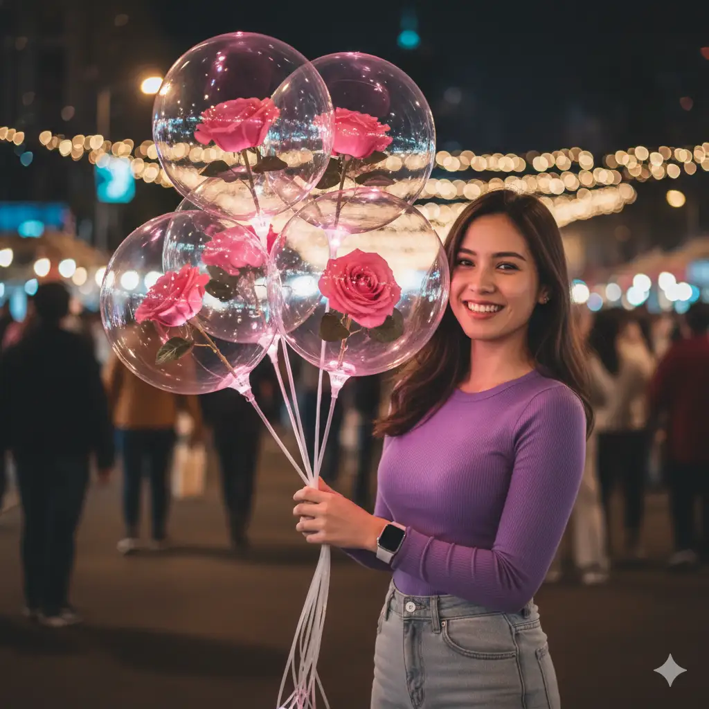 Create a joyful young woman stands at a lively night market, holding a bunch of glowing transparent balloons each containing a bright pink rose inside. She wears a fitted purple long-sleeve top and high-waisted light gray jeans, with a smart watch on her wrist. The background glows with soft bokeh lights and blurred people strolling through the festive atmosphere, creating a dreamy and vibrant night scene. The woman smiles warmly, illuminated by the soft, colorful glow of the balloons and surrounding lights. The mood feels cheerful, magical, and full of youthful energy.