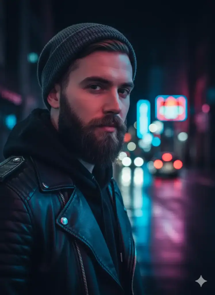 Create a cool and moody street-style profile picture for Instagram, based on my photo of a man. He is wearing a stylish, dark hoodie under a modern leather jacket and a beanie. The setting is a gritty, urban street at night, with the background showing blurred neon signs, wet pavement reflecting the city lights, and the bokeh from distant traffic. The lighting is atmospheric, primarily coming from the ambient neon glow of the city, which casts interesting blue and magenta tones on his face. He should have a confident, slightly mysterious expression, looking directly into the lens in a close-up shot that feels edgy and fashionable.