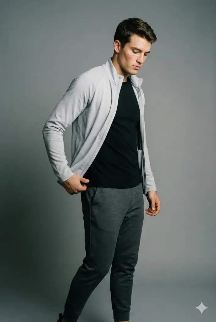 Create a studio portrait of a young man standing with a slight side angle and one hand pulling gently at the hem of his jacket. He wears a light grey athletic zip jacket over a fitted black tee, paired with tapered jogger pants. His stance is relaxed with a thoughtful expression. Use balanced soft lighting with a gentle highlight on the cheekbones. Keep the background a smooth medium grey. Use aspect ratio 2:3.