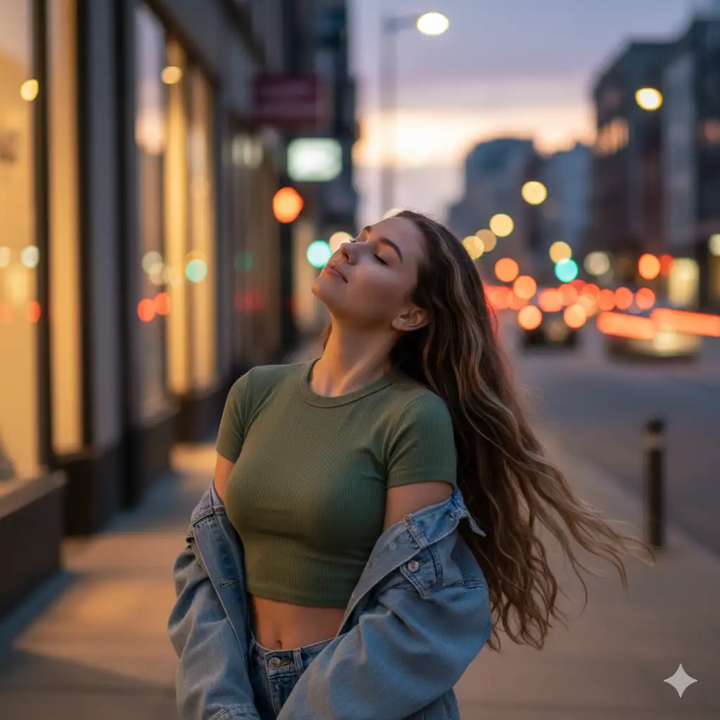 Create photo of a young woman stands on a city sidewalk at dusk, leaning back slightly with her eyes closed and her face lifted toward the sky as if enjoying a moment of calm. She wears a green ribbed crop top, and a denim jacket hangs loosely off her arms, giving the pose a relaxed, carefree feel. Her long hair flows gently behind her, catching the soft ambient light. The background features an urban street with blurred headlights, storefront lights, and warm bokeh that create a dreamy evening atmosphere. The overall mood is serene and cinematic. Capture a dusk street portrait with soft warm tones, shallow depth of field, gentle motion in the hair, and a sense of peaceful freedom in the city.