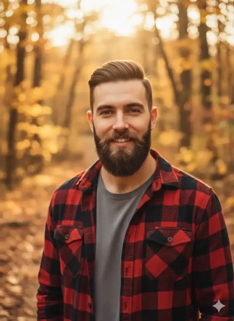 Create a warm and inviting photorealistic profile picture for my social media, based on my photo of a man enjoying the outdoors. He is dressed casually in a comfortable red and black plaid flannel shirt over a grey t-shirt. The setting is a scenic hiking trail in autumn, with the background showing a beautiful, soft-focus blur of golden leaves and trees. The image is illuminated by the warm, low light of the golden hour, casting a natural and inviting glow. He should be looking at the camera with a genuine, relaxed smile in a medium close-up shot that feels authentic and friendly.