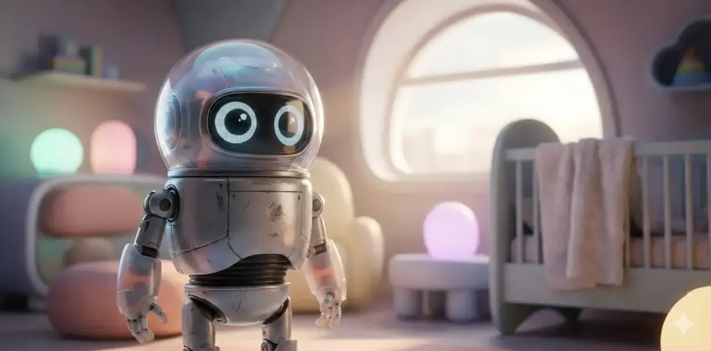 Create a high-fidelity 3D CGI render of a small, adorable robot with big expressive eyes in a futuristic nursery. The texture should look hyper-realistic with scuffs on the metal, and the image should feature subsurface scattering on plastic parts. Use soft, cinematic lighting and a shallow depth of field in a cinematic 2:1 aspect ratio.