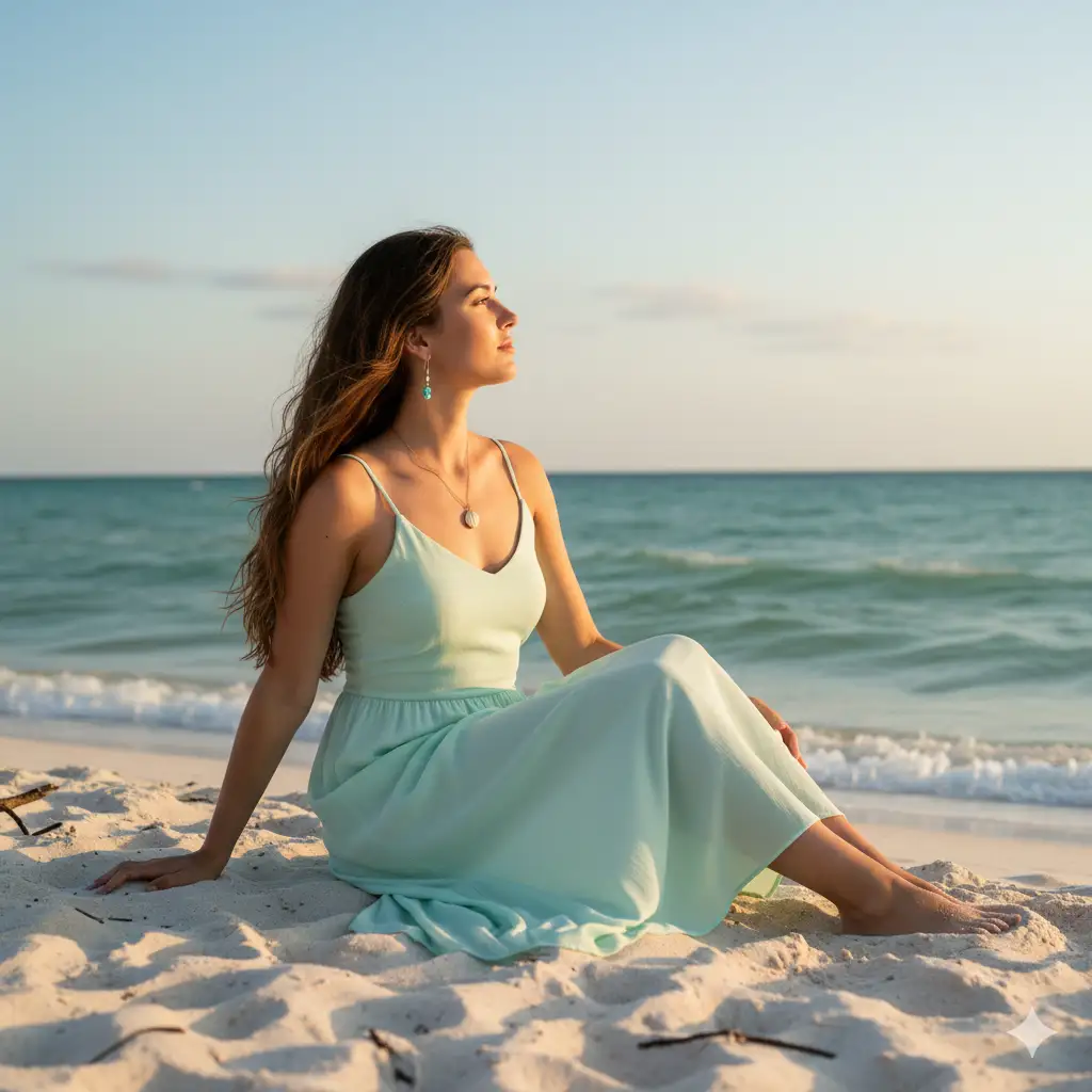 Create a serene beachside portrait of a young woman sitting gracefully on soft white sand near the shoreline. She wears a flowing pastel mint-green dress with thin straps, gently catching the sea breeze. Her long, wavy brown hair cascades over her shoulder as she gazes thoughtfully toward the horizon, bathed in the golden light of late afternoon. The calm turquoise ocean stretches out behind her under a clear blue sky, creating a peaceful, romantic atmosphere. A delicate necklace and earrings subtly enhance her elegant look. The scene captures a balance of warmth, tranquility, and feminine grace, ideal for a summer or coastal aesthetic.