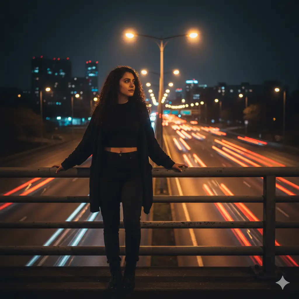 Create photo of a young woman with long curly hair stands on an overpass at night, leaning slightly against a metal railing while looking off to the side with a calm, thoughtful expression. She wears an all black outfit including a cropped top and a dark jacket that blends into the moody surroundings. Below her, a busy roadway stretches into the distance, lined with tall streetlights that cast warm golden reflections on the wet pavement. Car headlights and taillights create streaks of light and soft bokeh that trail toward the horizon. The background cityscape is dark with scattered points of illumination, adding depth and atmosphere. Capture a cinematic night portrait with rich contrast, warm roadway reflections, soft background blur, and an urban mood filled with movement and quiet contemplation.