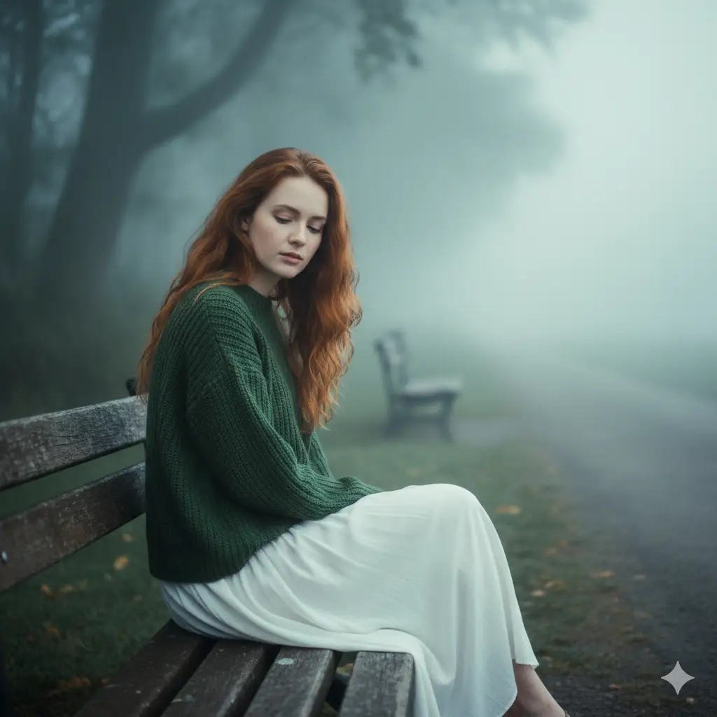 Create a soft, atmospheric portrait of a young woman with long, wavy auburn hair sitting a wooden park bench on a misty morning. She wears a cozy green knit sweater and a flowing white skirt, creating a calm and inviting color contrast against the foggy background. The pathway behind her fades into the mist, lined with trees and subtle greenery that evoke a tranquil, almost poetic stillness. The lighting is diffused and natural, enhancing the softness of her skin and the warmth of her hair. The overall mood is peaceful, introspective, and cinematic.
