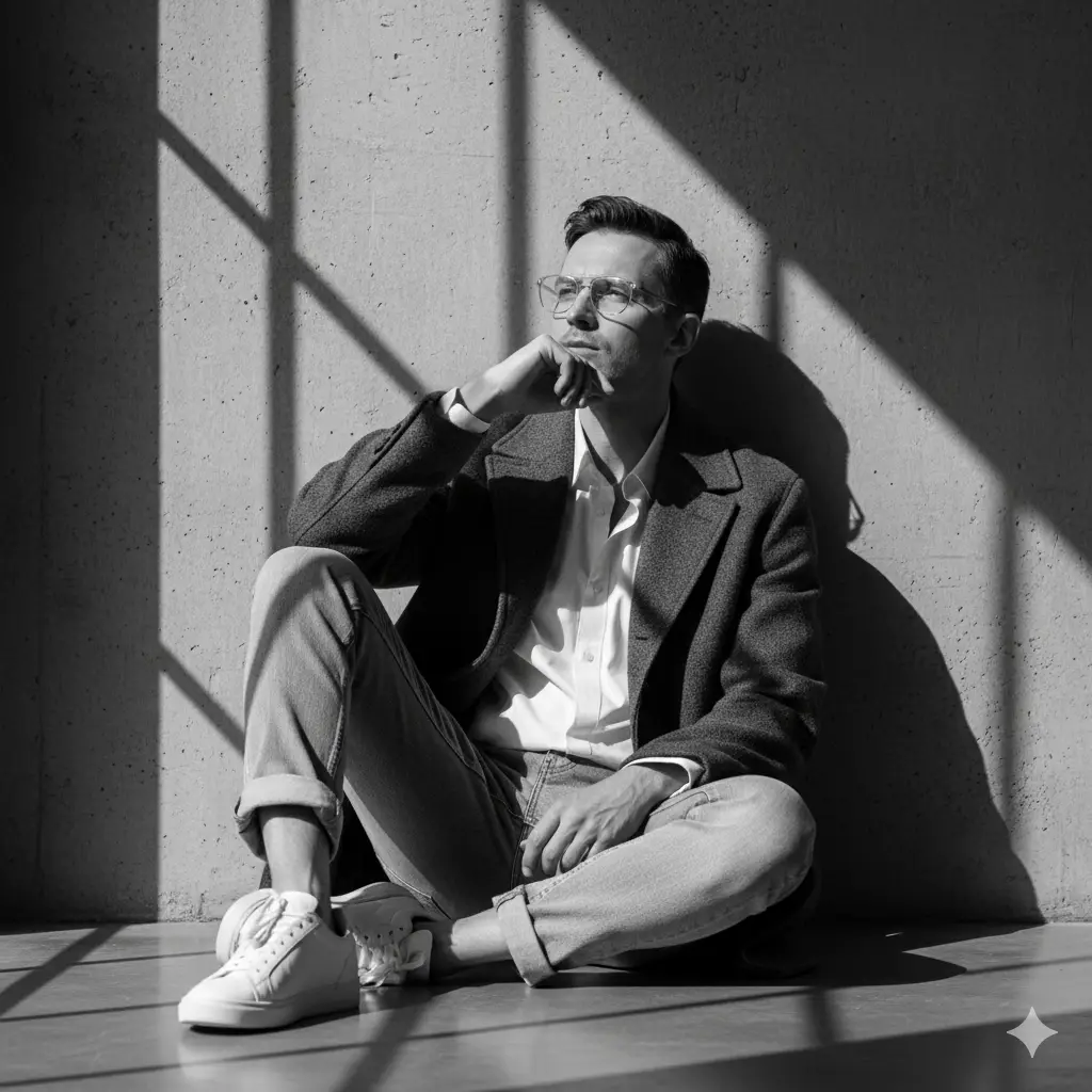Create a monochrome portrait of a man seated casually on the floor near a wall illuminated by strong geometric shadows cast from a large window. He wears a textured dark overcoat layered over a light shirt, paired with light jeans and white sneakers. His pose is relaxed yet thoughtful with one knee raised and one hand resting near his chin. He wears clear-framed glasses that catch subtle highlights. The lighting is directional and dramatic, creating crisp shadow patterns behind him and soft contrast across his face. The overall mood is modern and introspective with a refined balance of light, shadow, and texture.