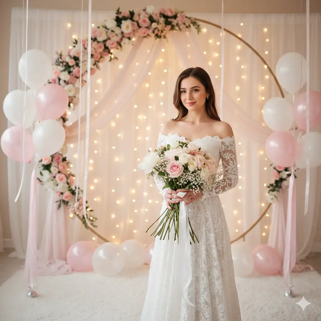 A soft, elegant indoor portrait photo of a young woman dressed in an off-shoulder white lace gown, standing gracefully in a pastel-themed celebration setting. She holds a bouquet of delicate white and blush-pink roses, peonies, and baby's breath, tied with a white ribbon. Behind her, a beautifully decorated room glows with warm fairy lights, white and pink balloons.