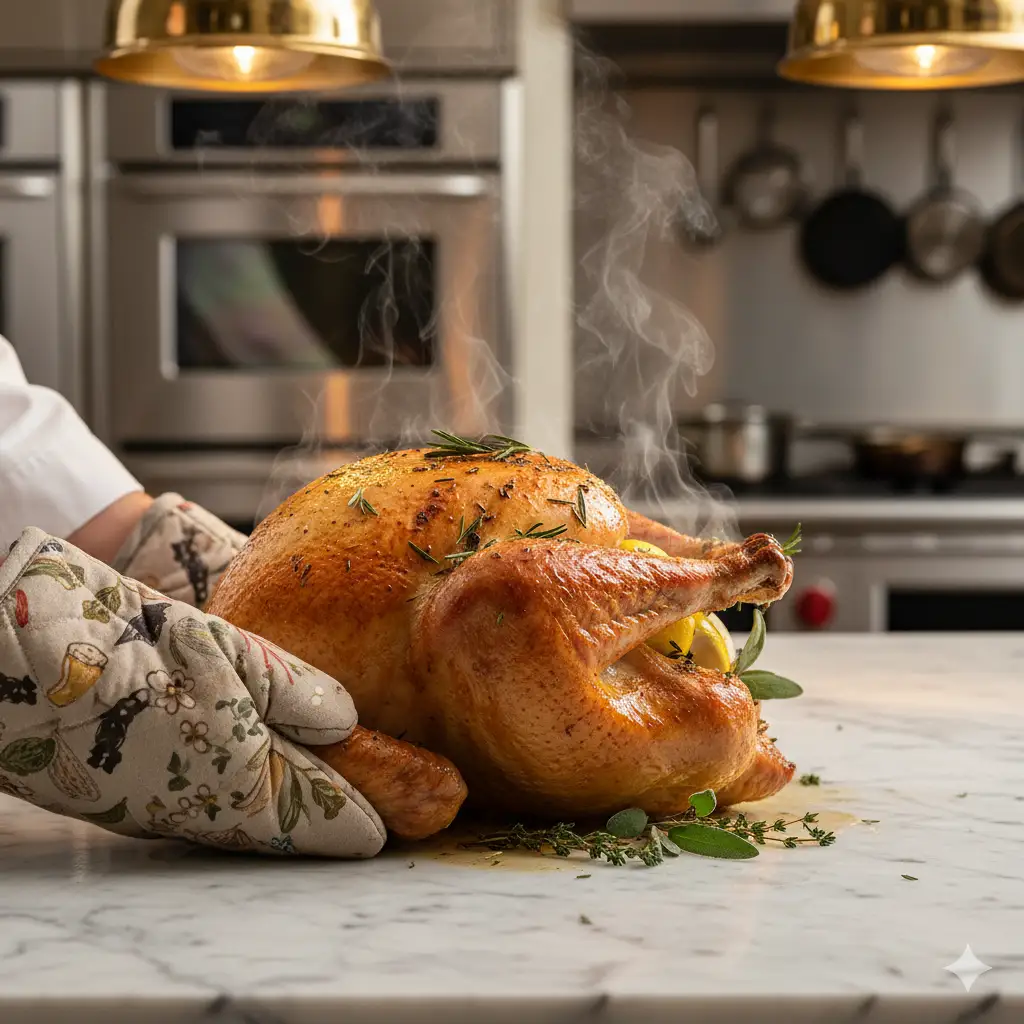 Create a close-up, photo-realistic image of a chef placing a freshly roasted Thanksgiving turkey onto a marble kitchen counter; the turkey's golden skin glistening, herbs and lemon slices peeking from inside; stainless steel appliances in soft focus behind the scene; warm overhead lights creating natural highlights on the turkey; steam rising gently; hands wearing oven mitts visible for scale.