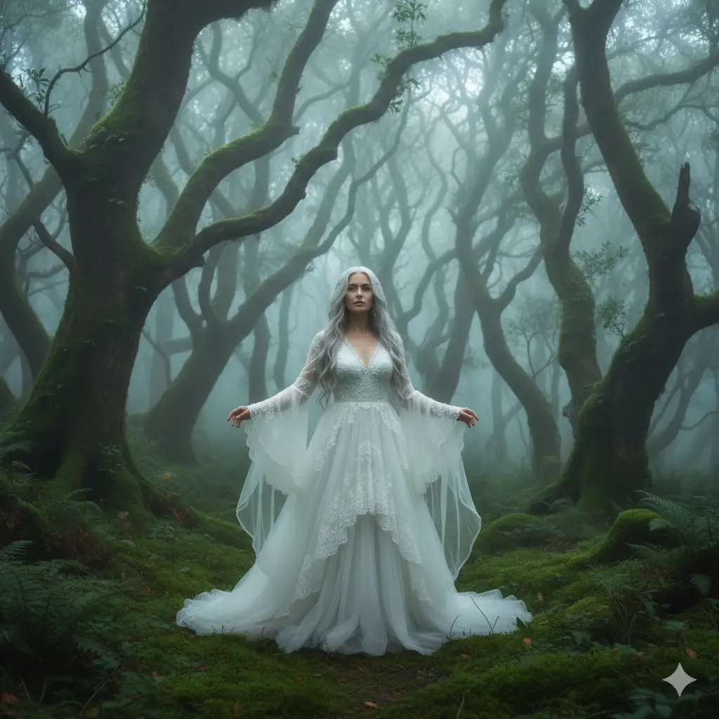 Create a cinematic portrait of a woman standing gracefully in a mist-covered forest with tall, moss-covered trees. She wears a flowing white gown with layered tulle and lace sleeves, evoking an ethereal, fairytale-like presence. Her expression is serene yet powerful, and her long hair cascades softly over her shoulders. The dense fog envelops the forest, muting the colors and creating a mysterious, dreamlike atmosphere. The ground is covered in lush green moss, and diffused light filters through the mist, illuminating her gown with a gentle glow. The overall mood is enchanting and otherworldly, blending elegance and mysticism in a surreal woodland setting.