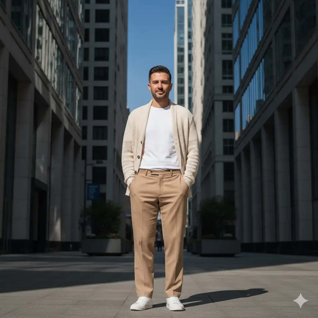 Create a modern urban fashion portrait of a man standing confidently in a city setting, surrounded by tall modern buildings with clean architectural lines. The subject wears a minimalist beige knitted cardigan over a crisp white T-shirt, paired with light beige trousers, a refined, casual look that conveys effortless sophistication. His pose is relaxed, with hands in pockets and a calm, composed expression, giving off a natural sense of confidence and style. The overall mood is cinematic.