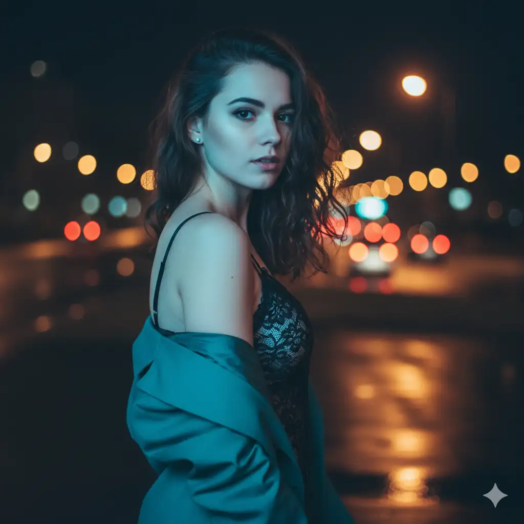 Create photo of a young woman stands outdoors at night with colorful city lights forming a soft bokeh glow behind her. She wears a teal jacket that slips slightly off one shoulder, revealing a black lace top underneath. Her pose is angled to the side as she looks back toward the camera with a calm, confident expression. Soft blue lighting illuminates her jacket and face, creating a cool contrast against the warm multicolored lights in the background. Her hair is styled loosely with a few strands falling across her face. Capture a cinematic night portrait with cool foreground tones, vibrant blurred city lights, shallow depth of field, and a moody yet stylish atmosphere.