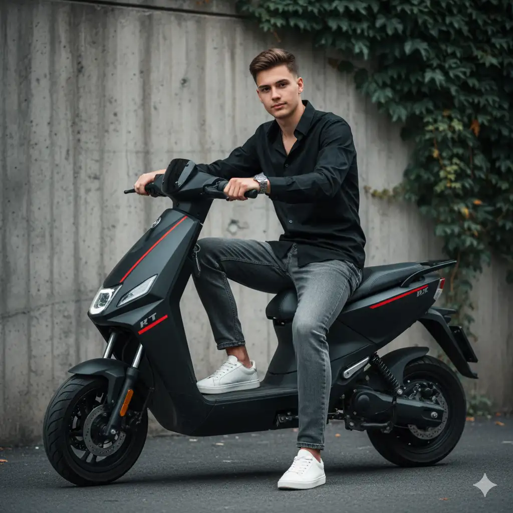 Create photo of a teenager sitting confidently on a sleek black scooter with red accents, parked outdoors against a moody concrete wall partially covered in green ivy. He wears a black button-up shirt with a slightly open collar, gray jeans, and white sneakers, creating a stylish monochrome outfit with subtle contrast. His expression is calm and composed, exuding quiet confidence. A silver wristwatch adds a refined touch to his look. The lighting is soft and natural, with muted tones that emphasize the urban, cinematic atmosphere. The overall composition feels grounded, cool, and effortlessly modern, blending fashion and lifestyle photography in a gritty yet elegant way.