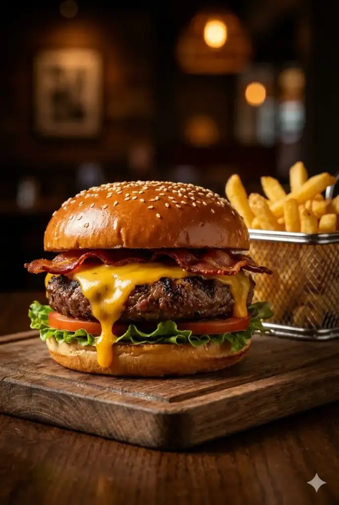 Create a commercial food photograph of a gourmet cheeseburger. The burger features a thick, flame-grilled Angus beef patty with visible grill marks, melting cheddar cheese dripping down the side, crispy bacon, fresh green lettuce, and ripe tomato slices, all inside a glossy, toasted brioche bun sprinkled with sesame seeds. It's placed on a rustic wooden board next to a small metal basket of golden, crispy french fries. The lighting is dramatic side-lighting, creating deep, appealing shadows and highlighting the textures. The background is a dimly lit, cozy restaurant with a soft bokeh effect. Photorealistic, ultra-detailed, sharp focus, portrait, 8K.