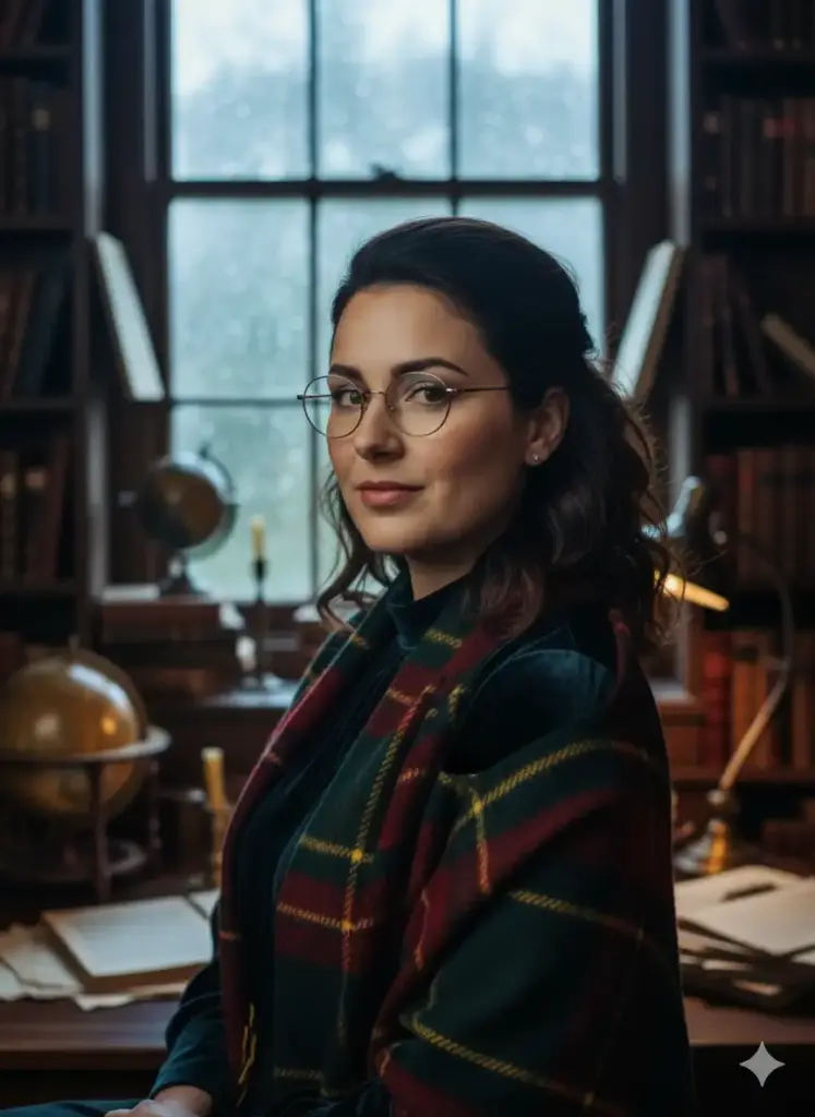 Create a sophisticated and contemplative profile picture for social media, based on my photo of a woman, in the quintessential dark academia aesthetic. She is dressed in an elegant, dark-colored blouse with a classic plaid scarf draped over her shoulders, and she is wearing subtle, vintage-style glasses. The background is a cozy and dimly lit study, with a rain-streaked window visible behind her, adding to the moody atmosphere. The scene is illuminated by the soft, diffused light of a cloudy day coming through the window, creating a pensive and romantic feel. She is looking directly at the viewer with a knowing, intelligent expression, in a beautifully composed shot that is both scholarly and deeply engaging.