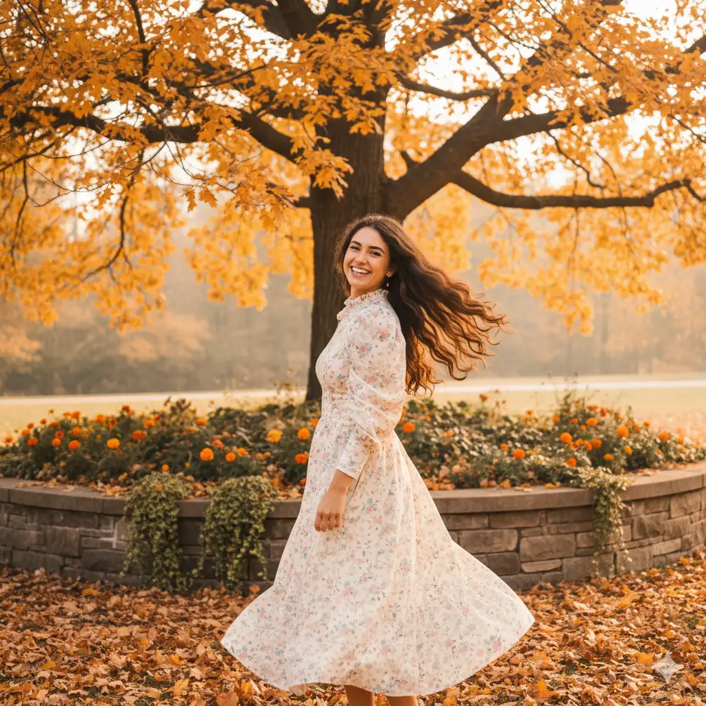 Create a joyful outdoor portrait of a young woman standing in a park during autumn, surrounded by golden-yellow foliage. She's captured mid-turn, smiling brightly with genuine happiness, her dark hair flowing naturally in the soft breeze. She wears a light, pastel-colored dress with delicate floral patterns and puffed sleeves, evoking a romantic and vintage charm. The background shows a large tree with vivid yellow leaves, a curved stone planter, and scattered autumn leaves on the ground, creating a warm and seasonal atmosphere. The soft natural light enhances the golden tones of the leaves and the gentle hues of her dress, giving the image a dreamy, cinematic quality.