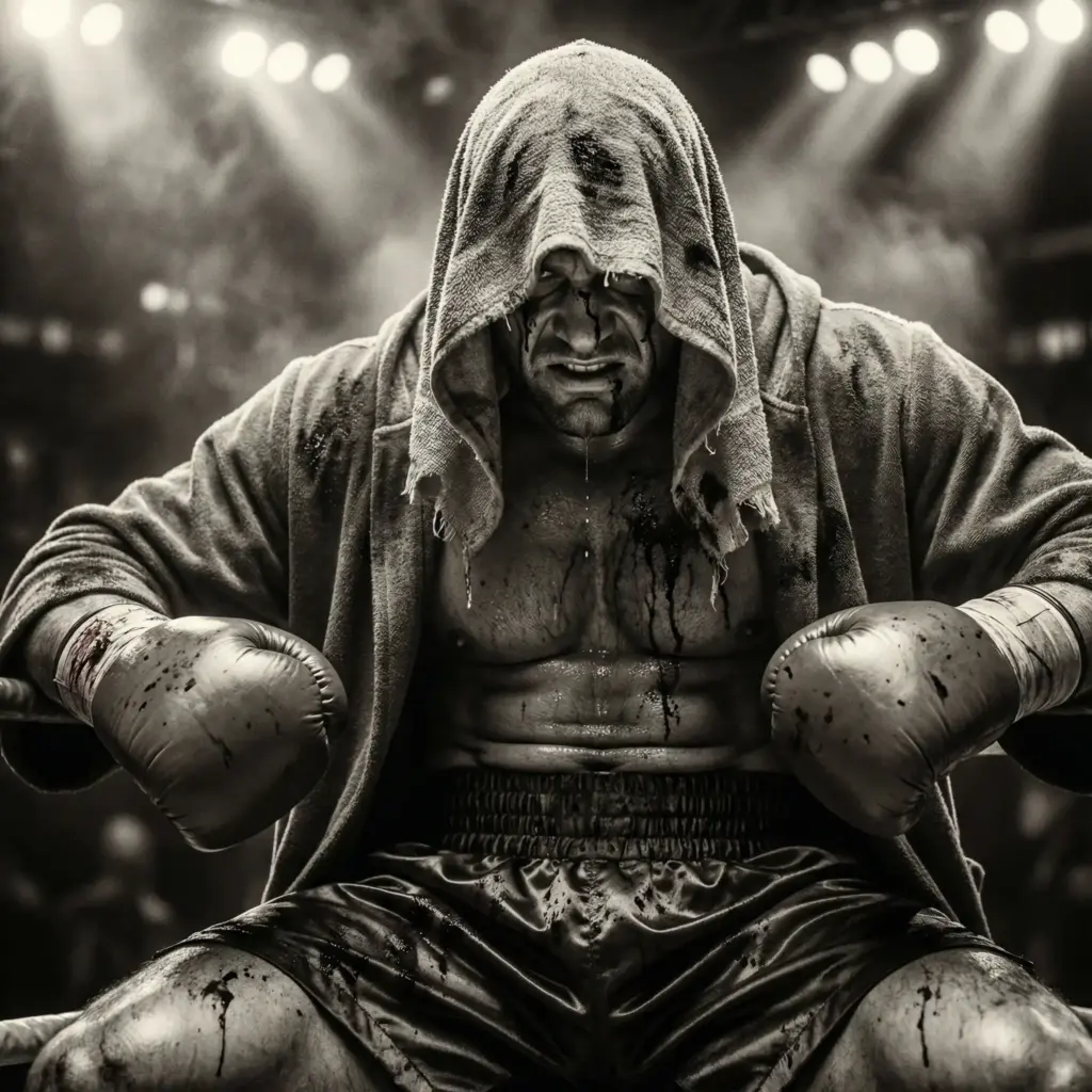 Create an intense cinematic shot from a gritty sports drama. A muscular boxer sits in the corner of a boxing ring, drenched in sweat and blood. He is wearing red boxing gloves and silk shorts. A towel is draped over his head, casting a shadow over his eyes, but his mouth shows a grimace of determination. He is breathing heavily, looking down at the canvas. The background is dark, with spotlight beams cutting through the haze of the arena smoke. The skin texture should be hyper-realistic, showing pores, sweat droplets, and veins. High contrast black and white photography style with a slight sepia tint. Aspect ratio 1:1.