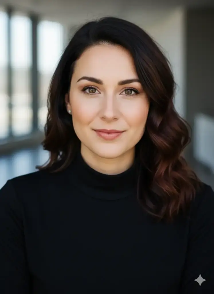 Create a crisp and engaging profile picture designed for X, based on my photo of a woman. She should be dressed in a stylish yet simple black mock-neck top, which creates a strong silhouette. Position her against a softly blurred background of a modern architectural interior with clean lines and a hint of a large window. Use clear, direct lighting that flatters her features and makes her eyes pop, creating a look of confidence and expertise. The shot should be a perfectly centered head-and-shoulders portrait, where she is looking forward with a direct, engaging expression, rendered in high resolution for maximum clarity even when small.