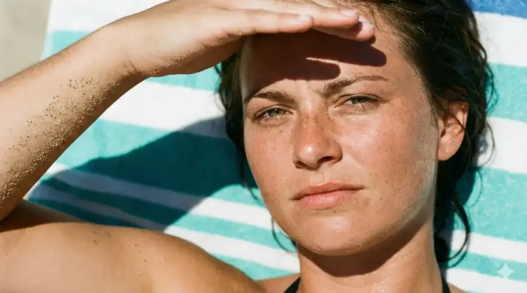 Create a hyper-realistic close-up portrait of a woman with freckles and green eyes lying on a beach towel, looking up at the camera. It is high noon, and the sun is direct and harsh, causing her to squint slightly. One hand is raised to shield her eyes, casting a sharp shadow across her forehead. You can see the texture of sand stuck to her arm and the fine "peach fuzz" hair on her face. Her skin should look sun-kissed but not plastic; visible sun damage and uneven skin tone are required for realism. Aspect ratio: 16:9.