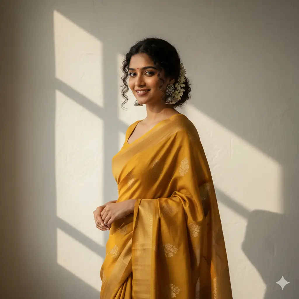 Create a radiant portrait of a young woman dressed in a bright mustard-yellow silk saree adorned with delicate golden motifs. She stands in soft, natural sunlight that casts gentle shadows on a minimalist wall behind her, enhancing the warmth of her attire. Her curly hair is elegantly tied back in a low bun decorated with white jasmine flowers, and she wears traditional silver jhumka earrings that add a touch of cultural charm. She smiles naturally, exuding confidence and poise. The overall scene glows with the timeless elegance of Indian tradition captured through a modern, sunlit aesthetic.