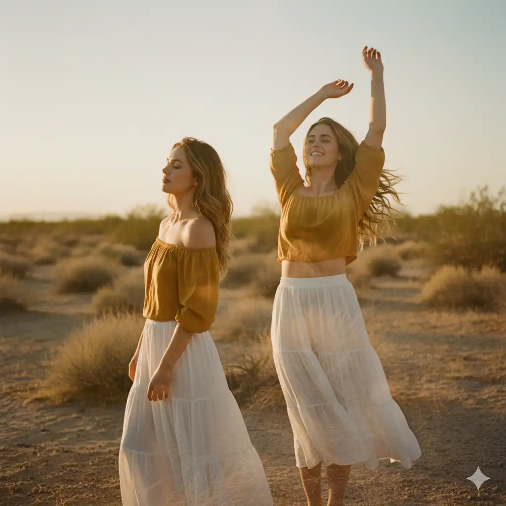 Create a warm, golden-hour double-exposure portrait set in an open desert landscape with dry shrubs and soft earth tones. The scene merges two overlapping images of the same woman, creating a dreamy, ethereal effect. In the primary exposure, she stands with her body turned slightly to the side, wearing a loose, off-the-shoulder mustard-yellow top and a flowing white skirt. Her expression is serene, eyes closed, hair falling naturally around her face as the sunset light brushes her skin. In the secondary, translucent exposure layered over the first, she is captured in a joyful moment—head tilted back slightly, arms raised above her head, hair cascading down in motion, and a bright, natural smile. The sunset behind her glows softly, tinting the entire composition with warm amber and rose hues. The combined result should feel nostalgic and emotive, blending stillness with movement, and capturing the warmth, freedom, and softness of golden-hour desert photography. Aim for natural lighting, gentle shadows, and a subtle film-like texture that enhances the dreamy double-exposure effect.