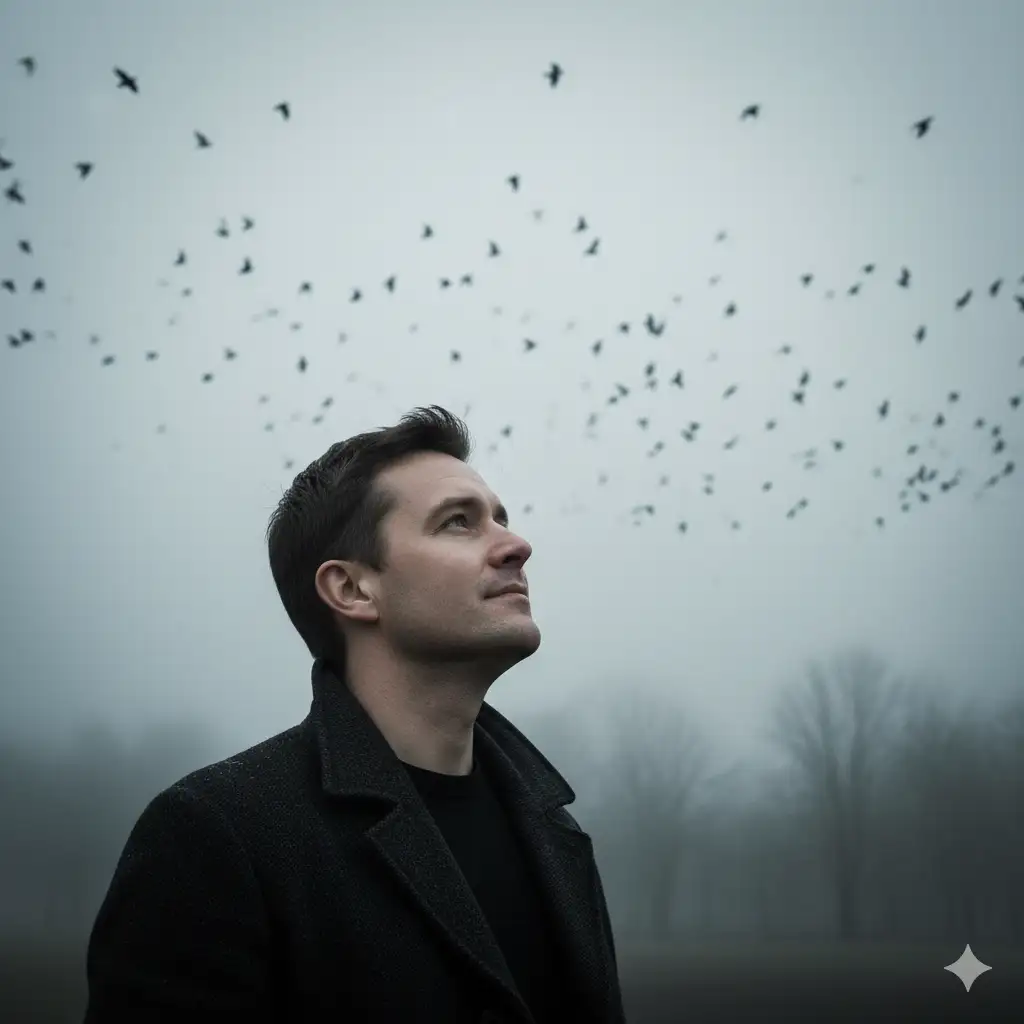 Create a cinematic close up portrait of a man standing outdoors on a foggy, overcast day, looking upward as a flock of birds flies dramatically across the sky above him. The atmosphere is moody and introspective, filled with mist that softens the background and creates a haunting, ethereal quality. The man wears a dark overcoat layered over a black shirt, his expression calm yet contemplative, evoking a sense of solitude and quiet strength.