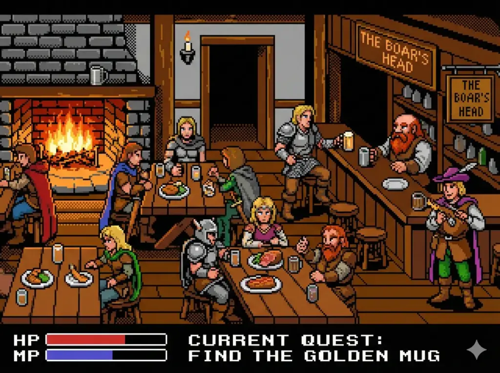 Create a 16-bit pixel art scene of a fantasy tavern interior. The image should look like a screenshot from a 1990s console game, using a limited color palette, dithering for shadows, and a distinct grid-based square pixel structure in a 4:3 aspect ratio.