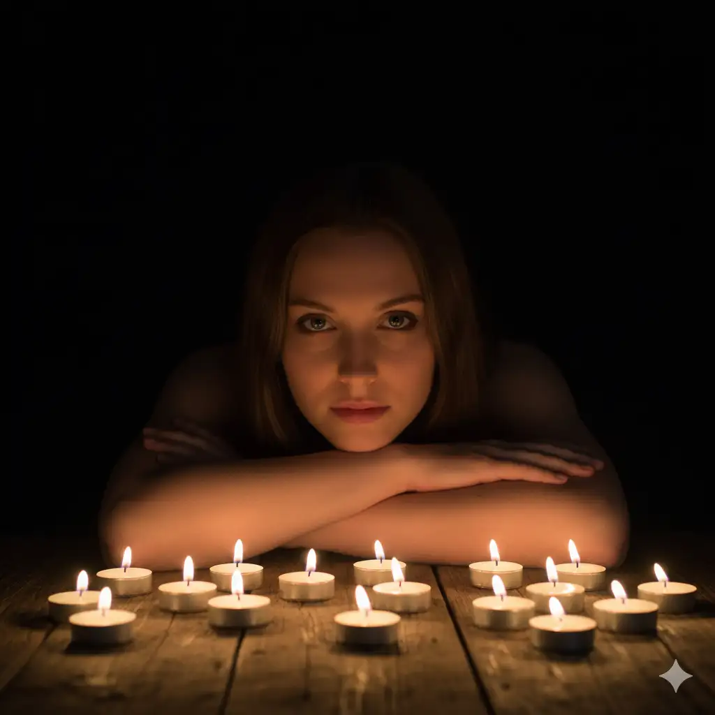 Create photo of a young woman sits in near total darkness with her arms folded gently on a wooden surface, leaning forward as she gazes directly into the camera. Dozens of small tea light candles are arranged in front of her, glowing with warm golden flames that illuminate her face and arms. The candlelight creates soft highlights on her skin and deep shadows around her, giving the scene an intimate and dramatic atmosphere. Her expression is calm and confident, with a subtle intensity in her eyes. The background remains completely black, allowing the warm light from the candles to stand out. Capture a low light portrait with warm candle illumination, high contrast, sharp focus on the eyes, and a quiet, cinematic mood.