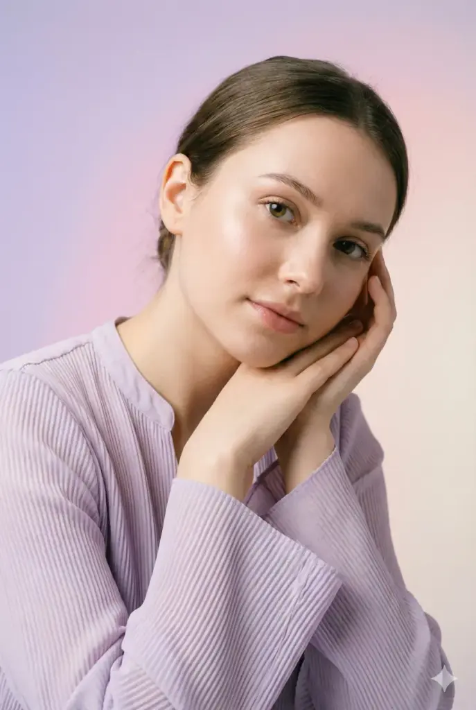 Create a studio portrait of a young woman facing the camera directly, shoulders slightly turned, both hands gently resting under her chin. She wears a light lavender blouse with soft pleats. The lighting is diffused and bright to highlight smooth skin texture with delicate shadows. Use a pastel gradient background for a tender beauty style. Use aspect ratio 2:3.