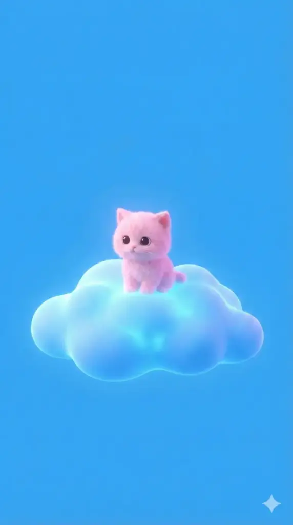 Create a phone wallpaper of a surreal, cute scene featuring a tiny, fluffy pink kitten sitting on top of a blue cloud. The background is a solid bright blue sky. The lighting is soft and dreamy, resembling a fantasy 3D render. 9:16 aspect ratio.