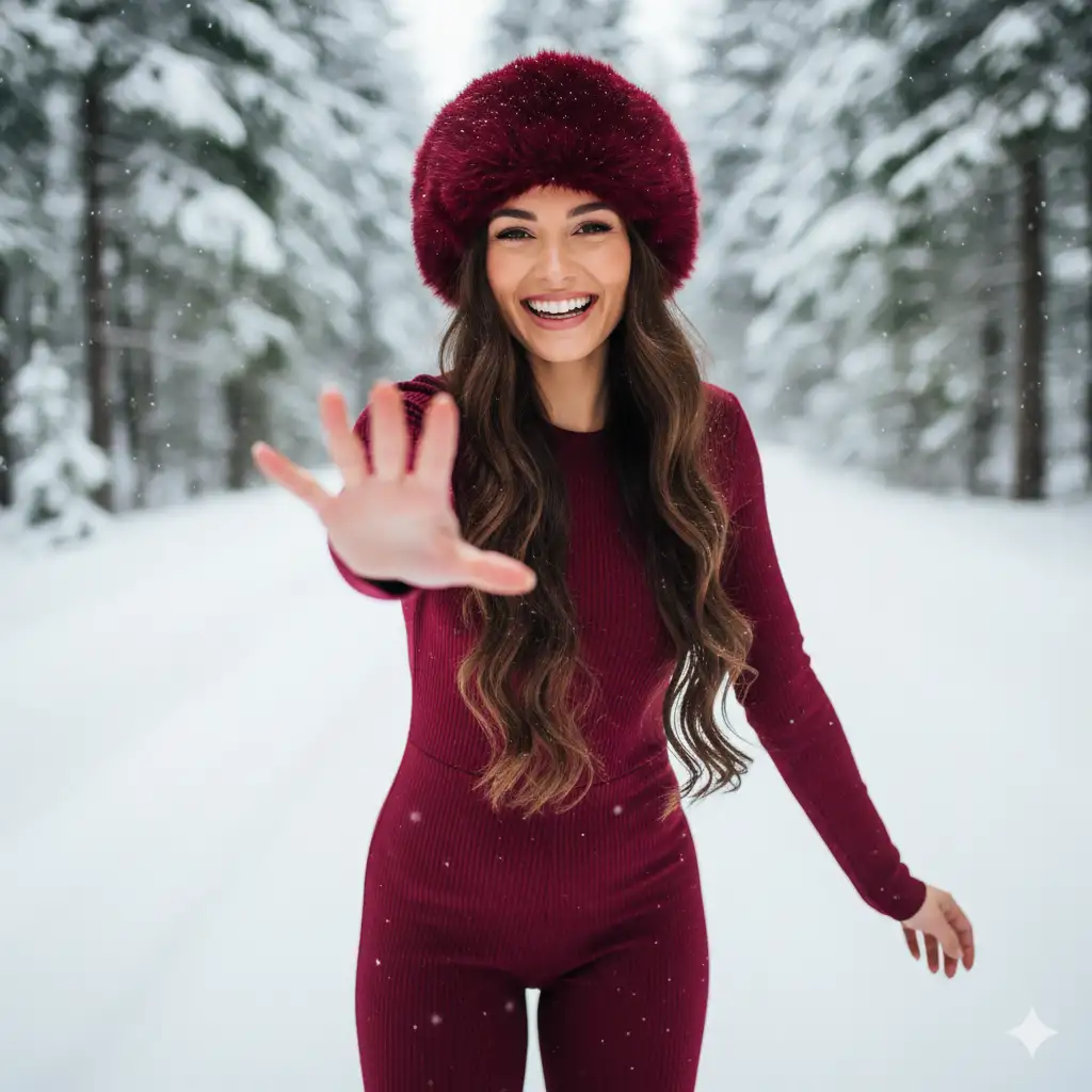 Create a joyful winter half body portrait of a young woman standing on a snow-covered road surrounded by a dense forest blanketed in fresh snow. She is dressed in a fitted, ribbed knit jumpsuit or dress in a deep burgundy shade that complements her rich, fur hat of the same color. The hat is plush and voluminous, made of faux fur, adding warmth and texture to the scene. Her long, dark chestnut hair falls in soft waves over her shoulders. She smiles brightly, radiating warmth and energy, and extends her right hand toward the camera with open fingers, creating a dynamic, inviting gesture. Her pose conveys motion and spontaneity, as if she is playfully reaching for the viewer.