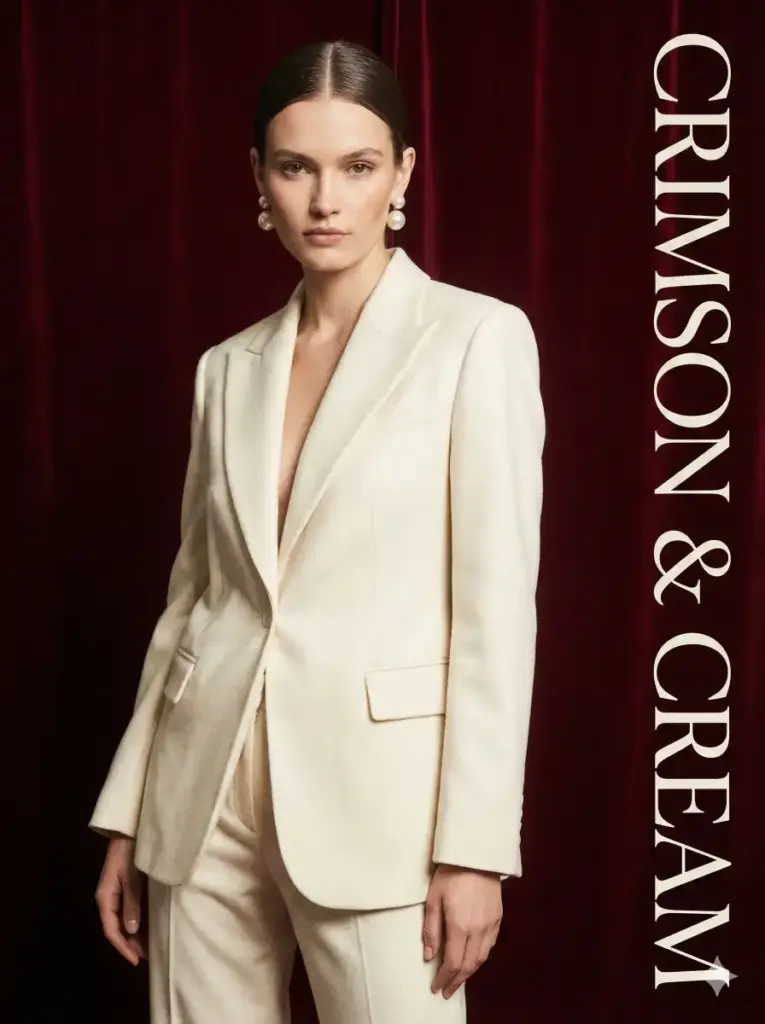 Create photo of a high-fashion model poses confidently against a rich, deep crimson backdrop, styled in a sleek cream-colored tailored suit. The blazer features structured shoulders, clean lines, a single-button closure, and crisp lapels, paired with matching tailored trousers for a refined monochrome look. Her hair is styled in a smooth, elegant center-parted low bun, emphasizing her symmetrical features. She wears large round pearl earrings that add a classic, sophisticated touch. The lighting is soft yet directional, casting delicate shadows that enhance the smooth texture of the suit fabric and the model's polished complexion. Beside her, bold editorial typography vertically spells out a brand name in a stylish serif font, integrating seamlessly into the composition. The overall mood is luxurious, modern, and minimalist. Use 3:4 aspect ratio.